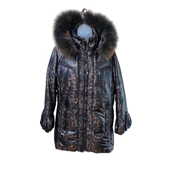 Marcona Vintage Womens Leopard Print Puffer Coat With Faux Fur Trim Hood Size M - Picture 2 of 12